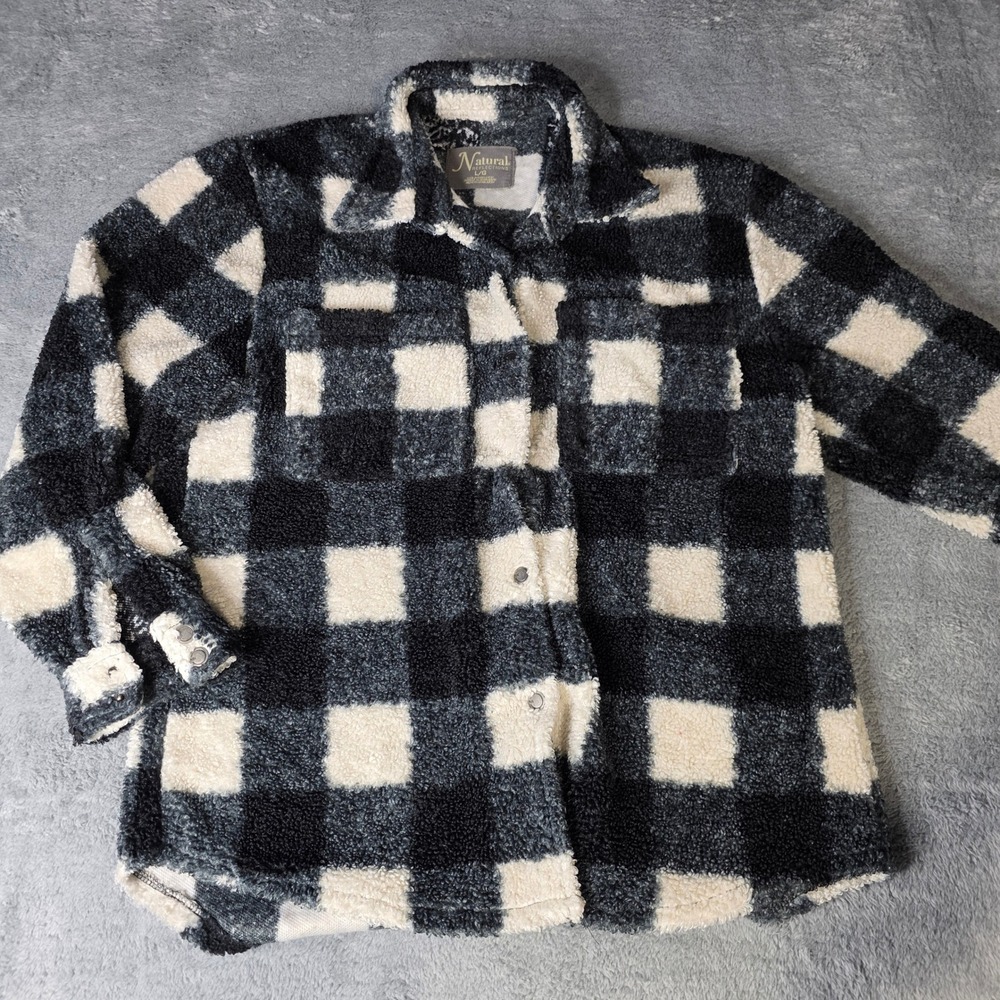 Natural Reflections Womens L Shacket Black White Buffalo Plaid Sherpa Fleece